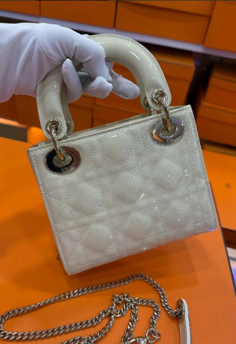 Christian Dior Beige Parent Leather small Lady Dior Bag